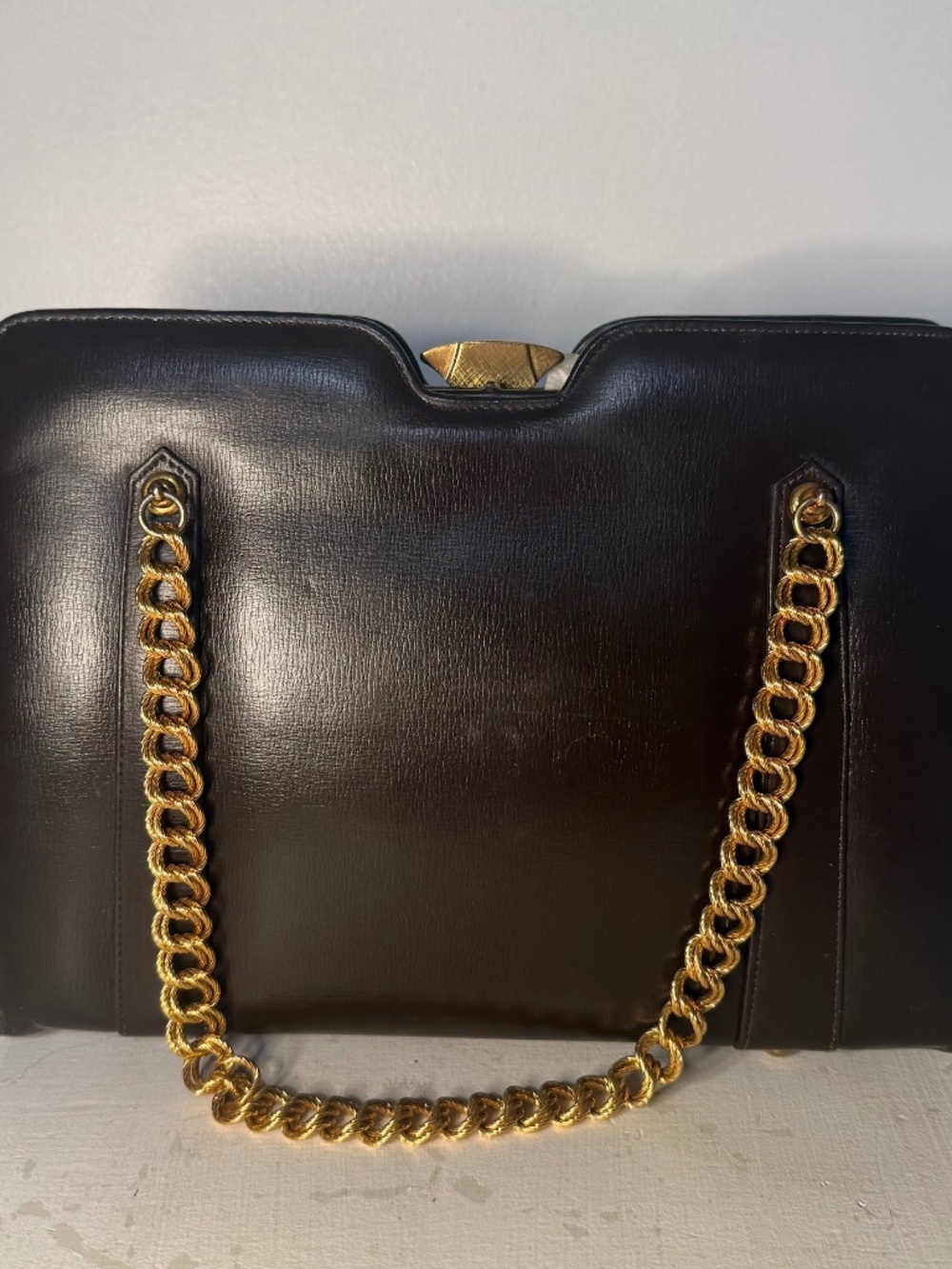 Vintage I. Magnin Dark Brown Large Leather ? Double Gold Chain Top Handle Purse